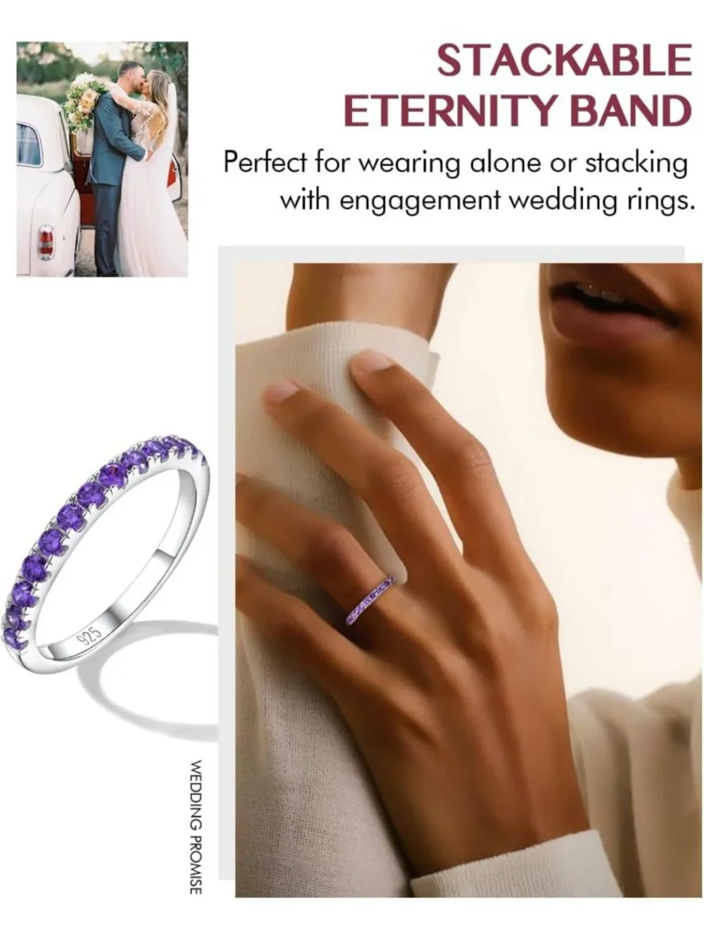 Elegant Amethyst Wedding Band - 925 Sterling Silver Thin Stackable Ring, Size 6